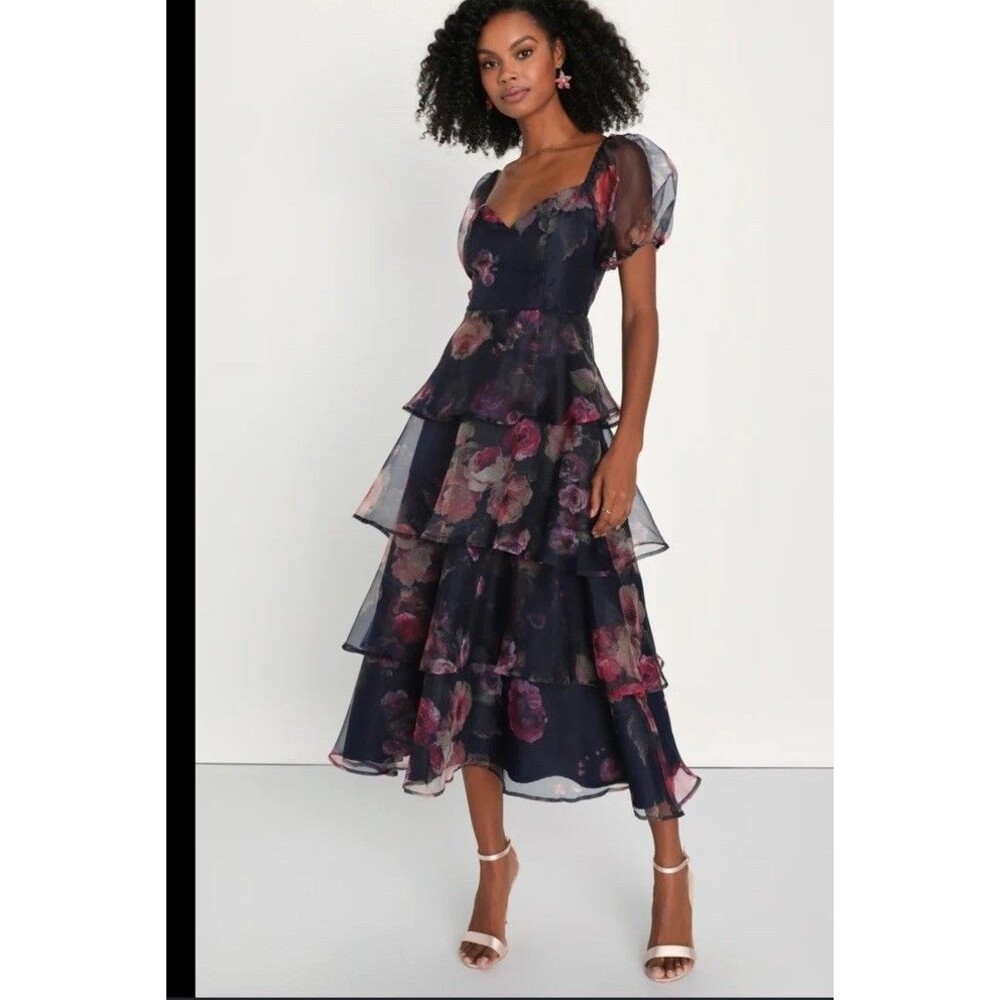 Lulus Oh So Stunning Blue Floral Organza Wedding Guest Dress Midi Medium New